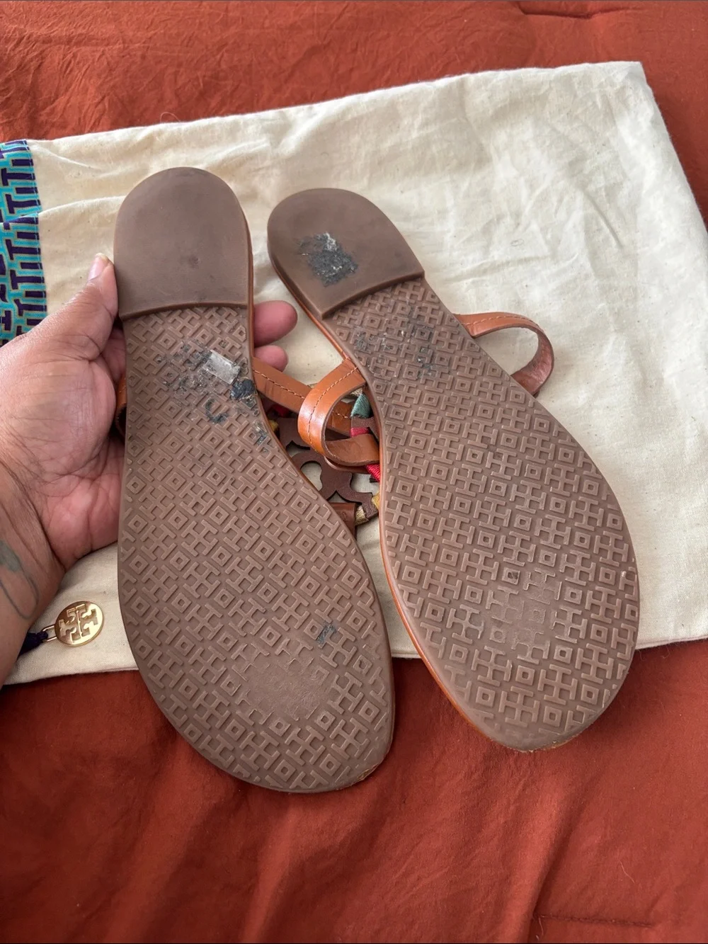 Tory Burch Brown Leather Miller Thong Sandals with Multicolor Trim - Picture 6 of 7